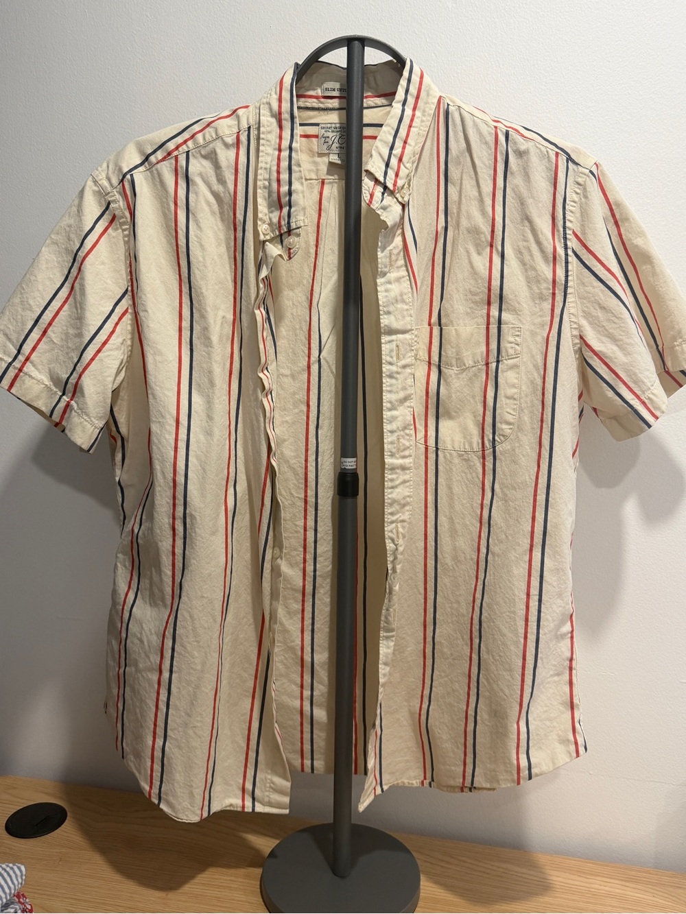 J. Crew Cream Short-Sleeve Button-Down Shirt with Red & Navy Stripes